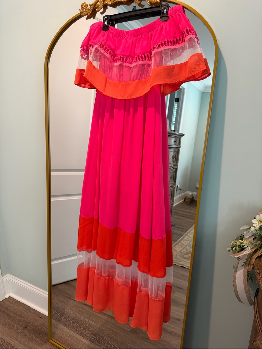 Off-Shoulder Hot Pink & Orange Maxi Dress